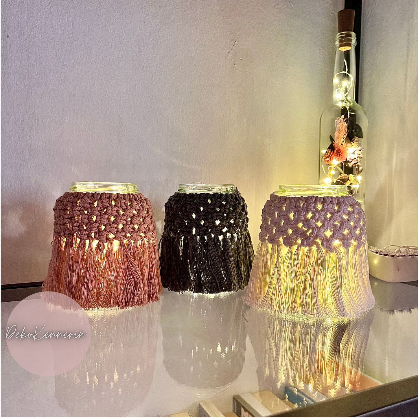 Makramee Windlicht mit LED Lichterkette