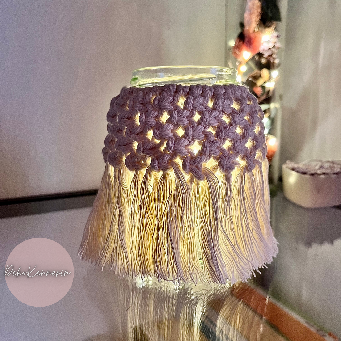 Makramee Windlicht mit LED Lichterkette