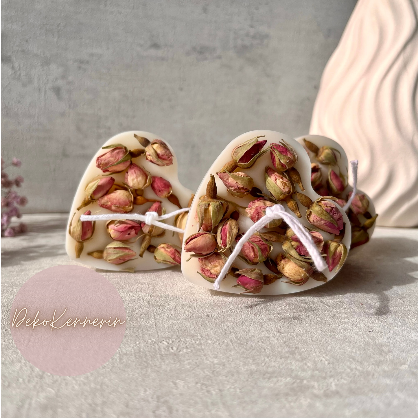 Herz Kerze mit Rosenknospen - Hochzeitsdeko - Gastgeschenk