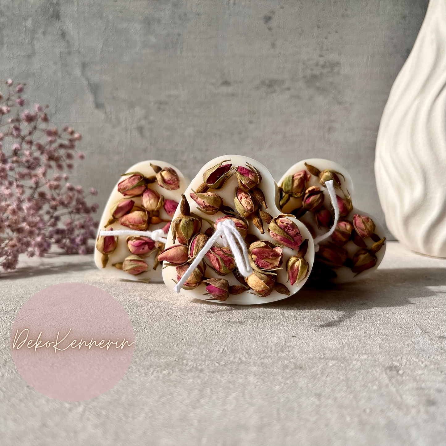 Herz Kerze mit Rosenknospen - Hochzeitsdeko - Gastgeschenk