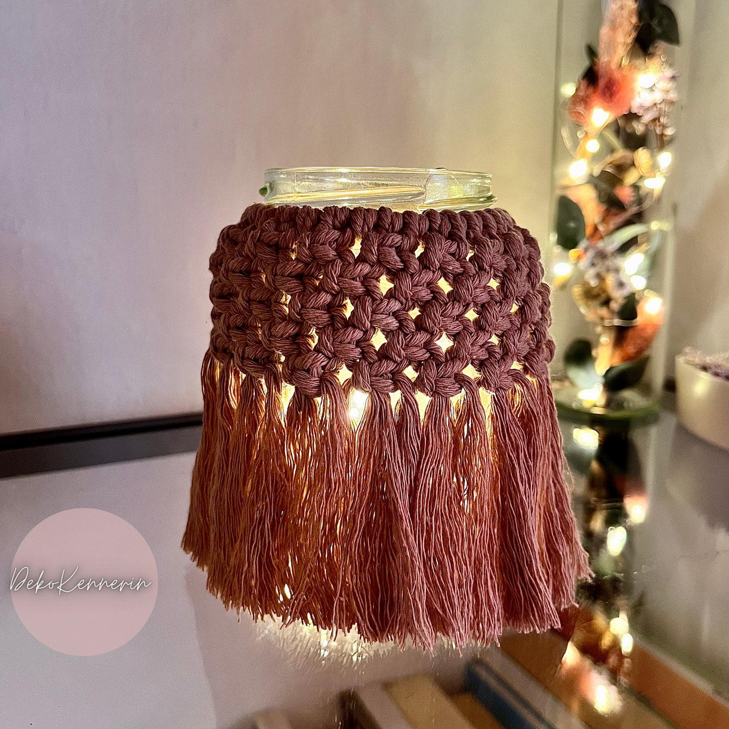 Makramee Windlicht mit LED Lichterkette
