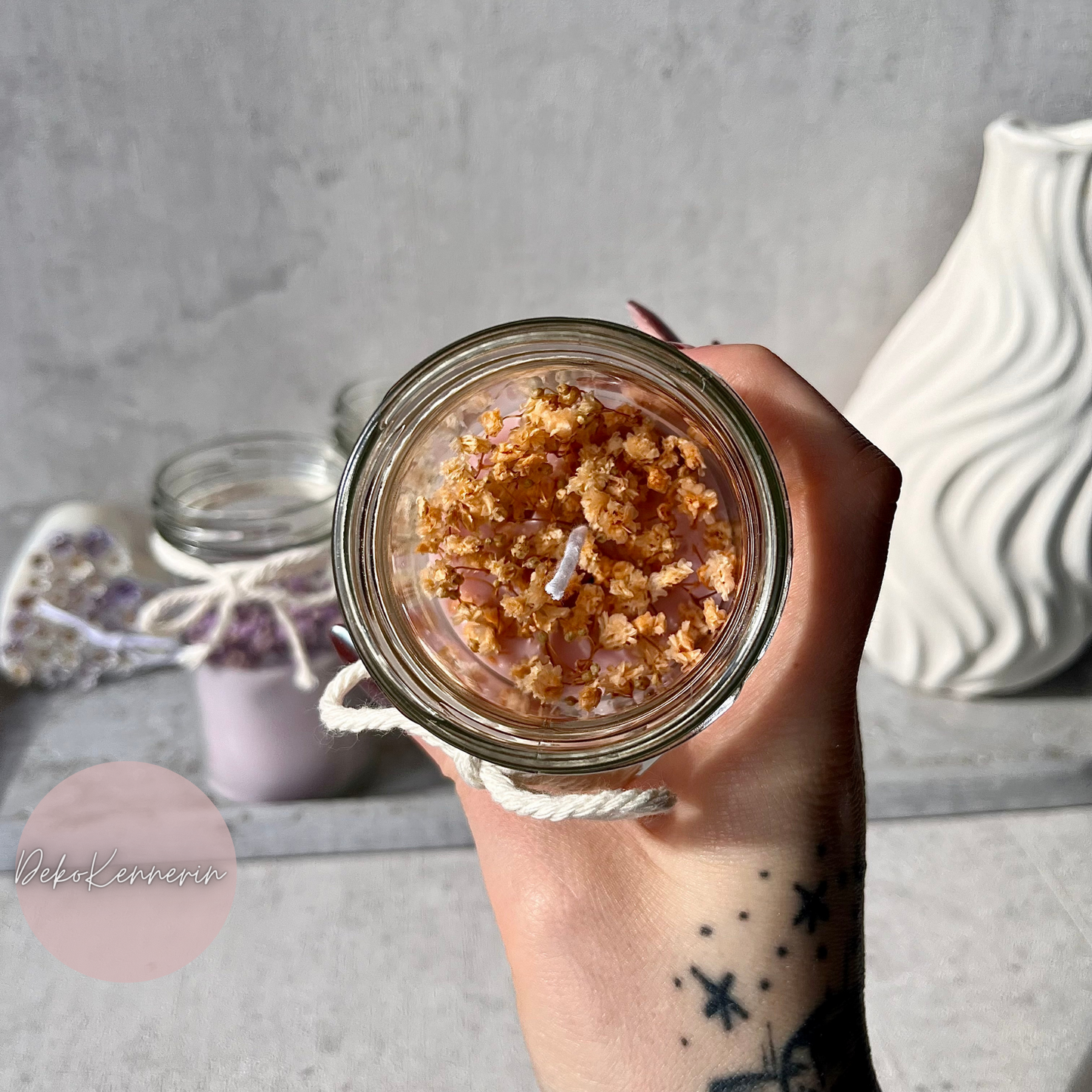 Natürliche Kerze im Glas - Schleierkraut