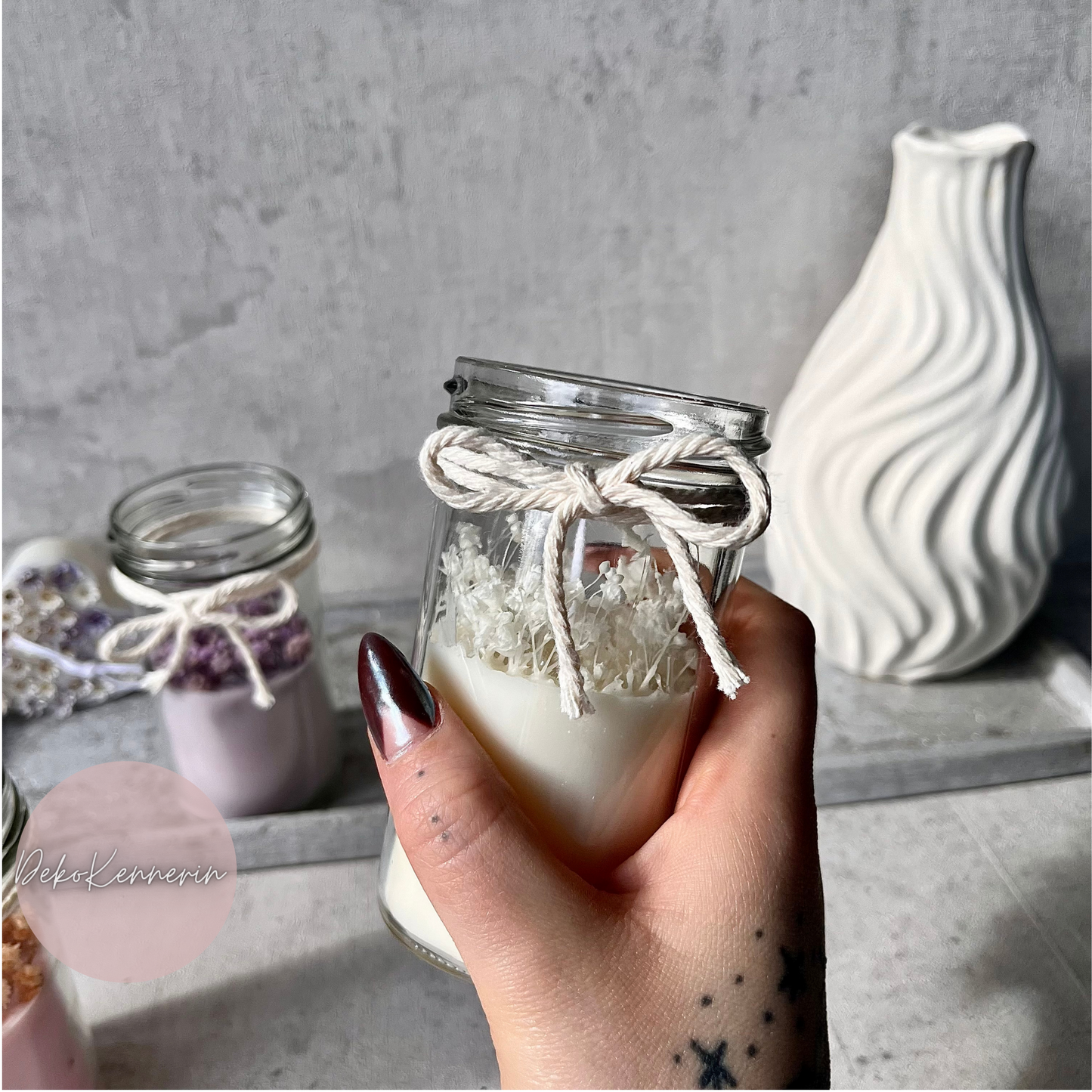 Natürliche Kerze im Glas - Schleierkraut